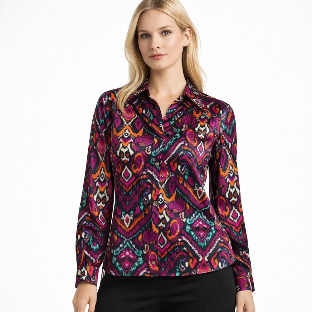SHEIN Frenchy Womens Ikat Geometric Button Up Shirt Blouse Satin size Medium